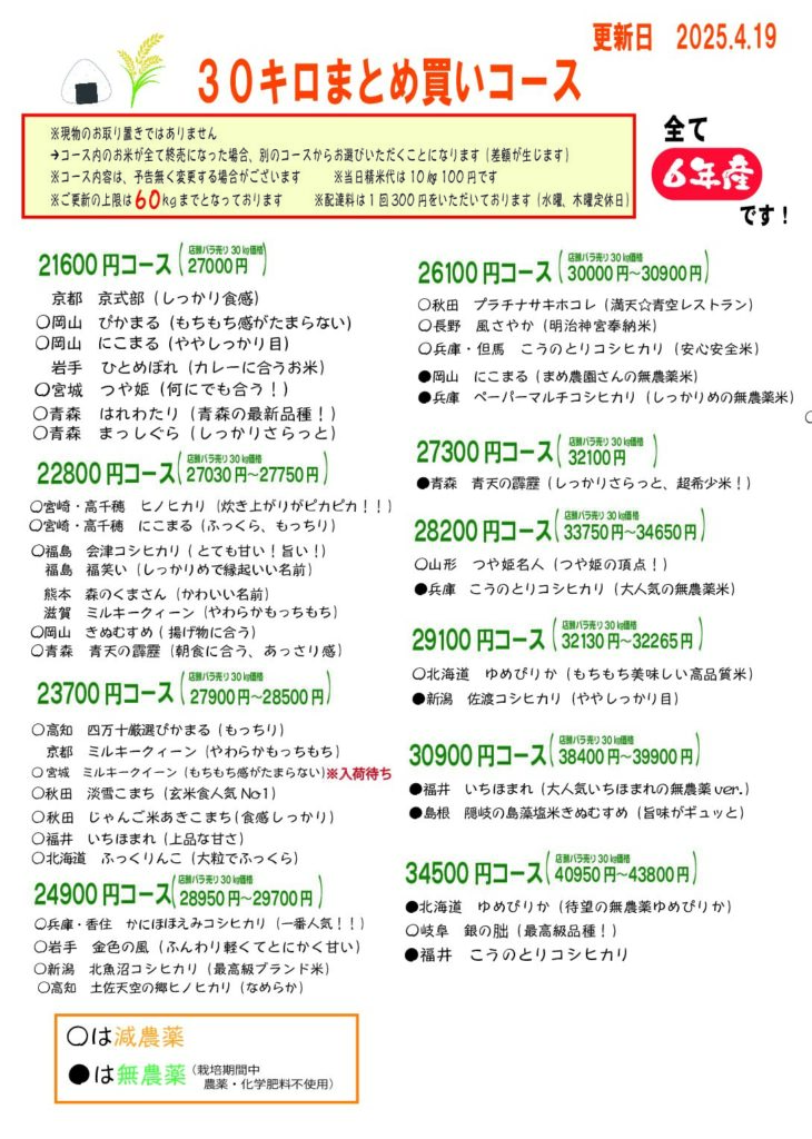 30㎏まとめ買いコース最新表